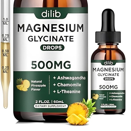 Dilib After Magnesium 75 Glycinate Drops 500 Mg  Natural Pineapple Flavor with Ashwagandha, Chamomile & L-Theanine 2 Fl Oz (60m L) Dietary Supplement